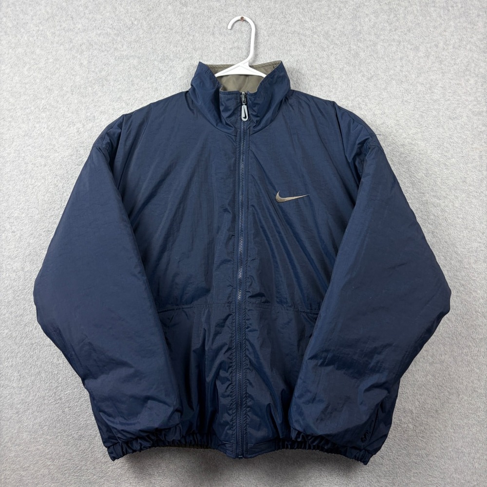 Vintage 90s Nike Puffer Jacket Mens Large Blue Gray Reversible Full Zip Swoosh